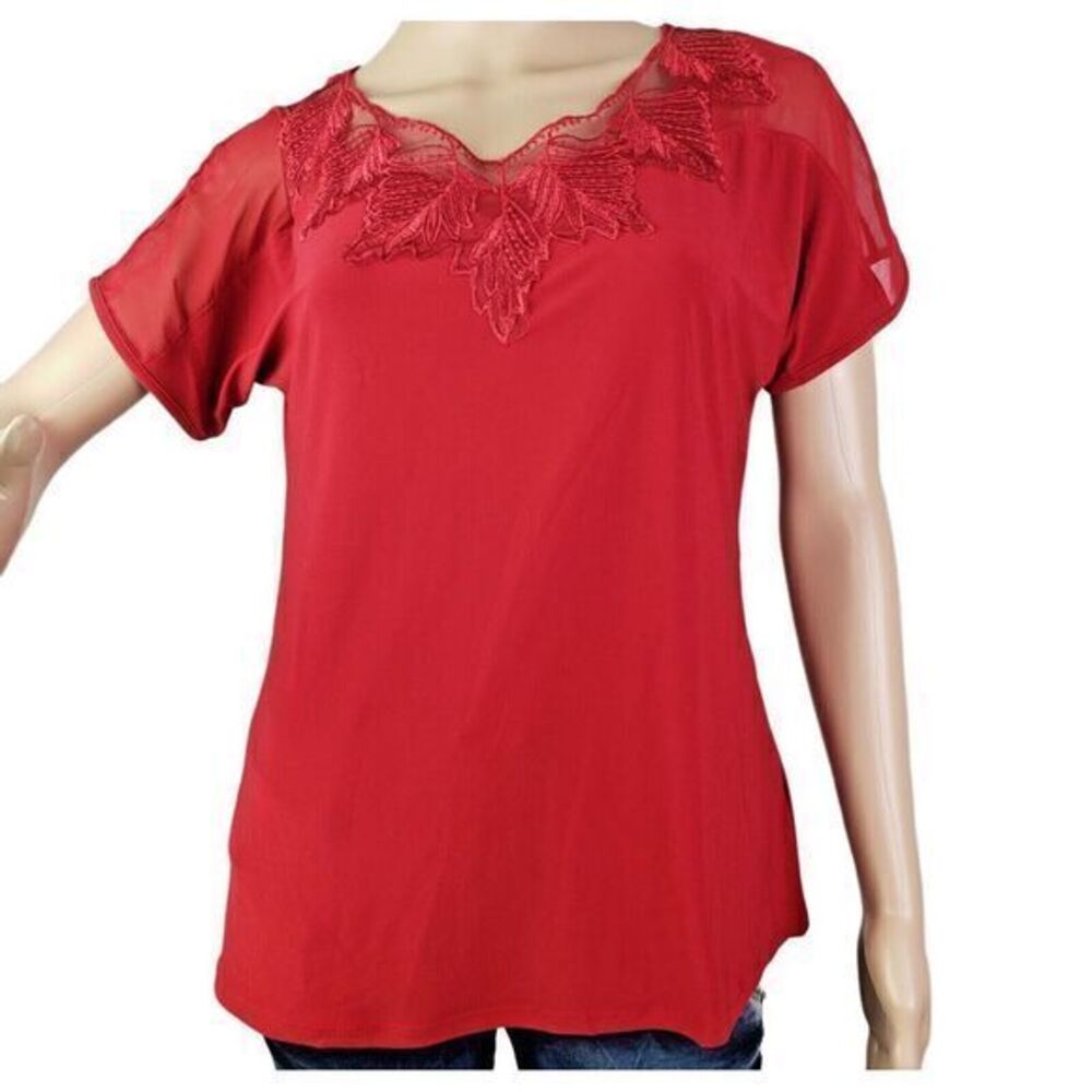 Emma &‎ Olive  Loose Blouse for Women Elegant Summer V Neck Top Blouse Red New